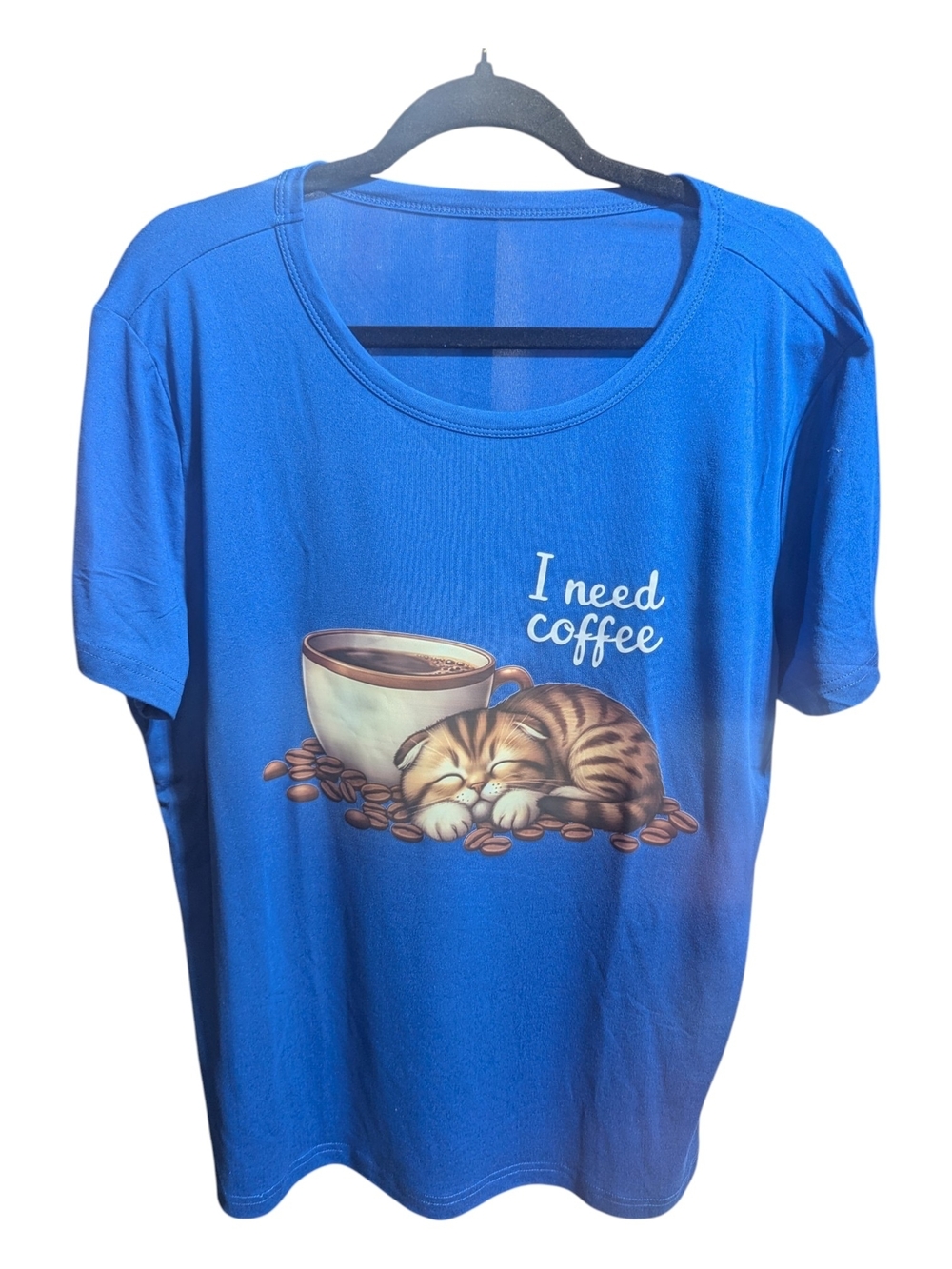 Cat I Need Coffee Graphic Tee shirt XXL Blue Short Sleeve Relaxed Fit NEW